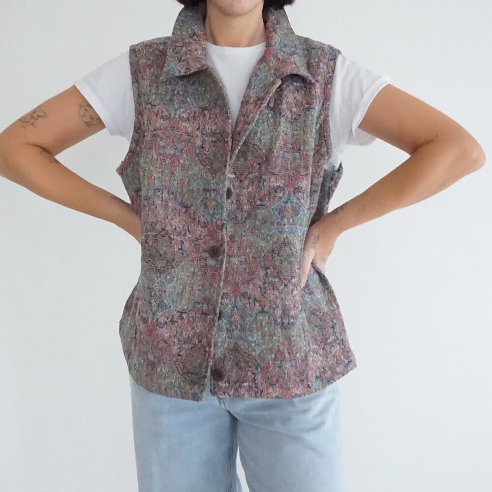 Vintage Christopher & Banks Blue Multicolor Paisley Textured Tapestry Vest XL
